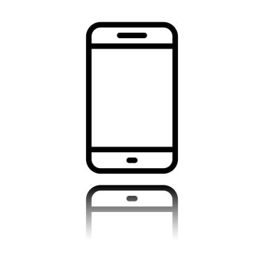 Basit hareket eden telefon simgesi. Doğrusal sembol, ince anahat. Siyah beyaz arka plan ayna yansıması simgesiyle
