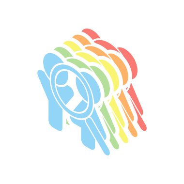 İnsan kaynakları. Arama teamgroup. Adam, kadın ve büyütme sembolleri. Beyaz arka plan üzerinde renkli izometrik simgeler yığını