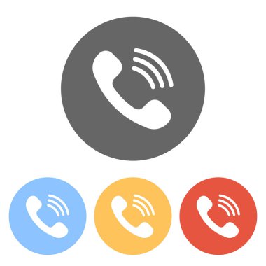 Zil telefon simgesi. Retro sembolü. Renkli daireler üzerinde beyaz simgeler kümesi