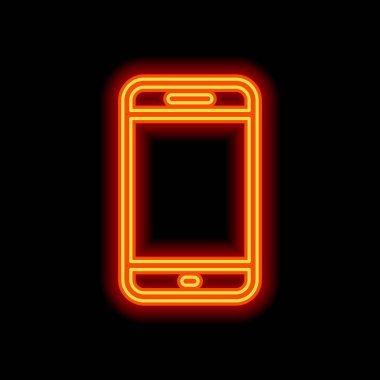 Basit hareket eden telefon simgesi. Doğrusal sembol, ince anahat. Siyah arka plan üzerine portakal neon tarzı. Işık simgesi