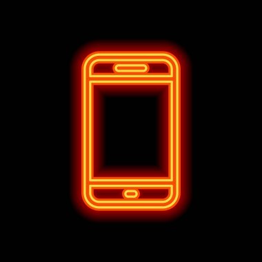 Basit hareket eden telefon simgesi. Doğrusal sembol, ince anahat. Siyah arka plan üzerine portakal neon tarzı. Işık simgesi