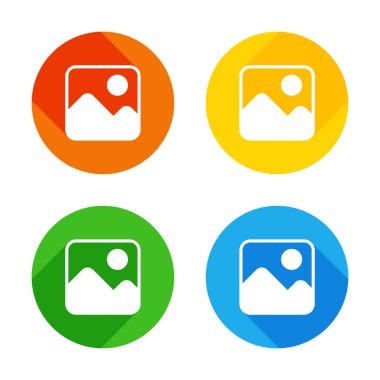 Basit resim simgesi. Renkli daireler arka plan düz beyaz simgesi. Dört farklı uzun gölgeler her köşe