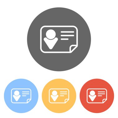 Kimlik kartı simgesi. Doğrusal tarzı. Renkli daireler üzerinde beyaz simgeler kümesi