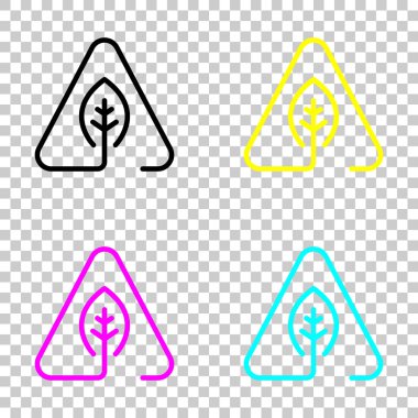 Eko yaprak uyarı üçgeni içinde. ekoloji ile sorun. Doğrusal sembolü ile ince anahat. bir çizgi stili. Cmyk simgeleri şeffaf arka plan üzerinde renkli dizi