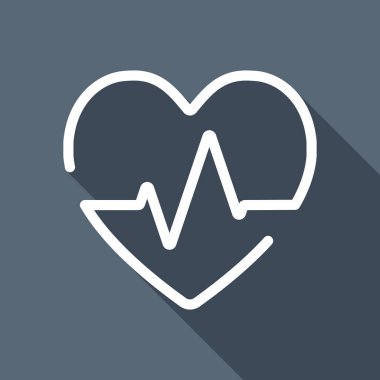 Kalp ve nabız hattı. Bir çizgi stili. İnce anahat ile doğrusal simgesi. Uzun Gölge arka plan üzerinde beyaz düz simgesi