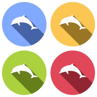 yunus silüeti. Mavi, turuncu, yeşil ve kırmızı renkli daireler uzun gölge ile beyaz simgeler kümesi. Etiket tarzı