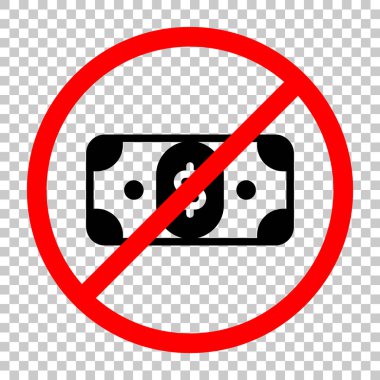 Doları banknot. Basit simgesi. Siyah kırmızı uyarı işareti şeffaf arka plan ile nesnesinde izin yok