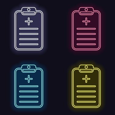 Tablet, tıbbi belge. Neon işareti kümesi. Koyu arka plan üzerinde casino tarzı. Seamless modeli