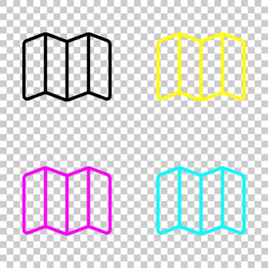 Basit harita simgesi. Doğrusal sembolü ile ince anahat. Cmyk simgeleri şeffaf arka plan üzerinde renkli dizi