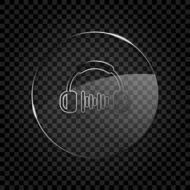 Kulaklık ve müzik dalgası. Orta ses düzeyi. Basit simgesi. Simgesini daire cam balon karanlık şeffaf ızgara üzerinde. Cam stili
