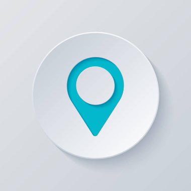 Harita etiketi simgesi. Gri ve mavi katmanları ile daire kes. Kağıt tarzı