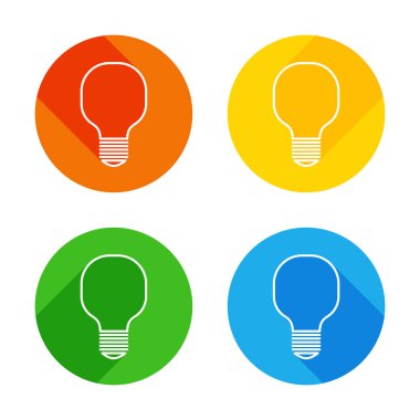 Işık lamba simgesi. Renkli daireler arka plan düz beyaz simgesi. Dört farklı uzun gölgeler her köşe