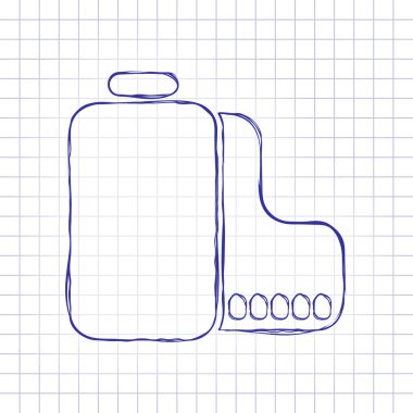 Kamera rulo simgesi. Fotoğraf veya video şeridi. Elle çizilmiş resim kağıt sayfası. Mavi mürekkep, anahat kroki tarzı. Damalı zemin üzerine doodle