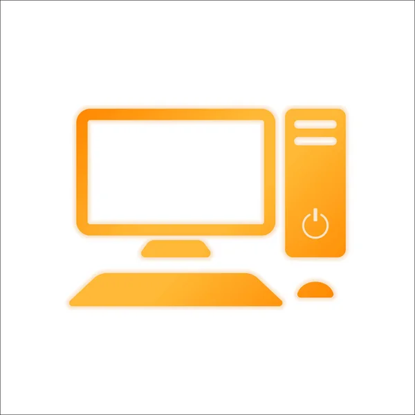 Personal computer, pc. System unit, monitor, keyboard and mouse. Orange sign with low light on white background