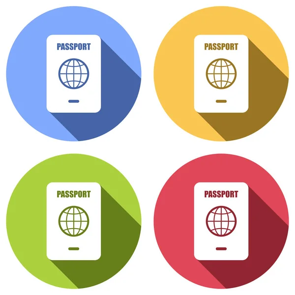 Διαβατήριο Απλό Εικονίδιο Σετ Λευκά Εικονίδια Μεγάλη Σκιά Μπλε Πορτοκαλί — Διανυσματικό Αρχείο