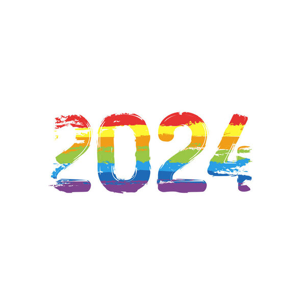 2024 number icon. Happy New Year. Drawing sign with LGBT style, seven colors of rainbow (red, orange, yellow, green, blue, indigo, violet