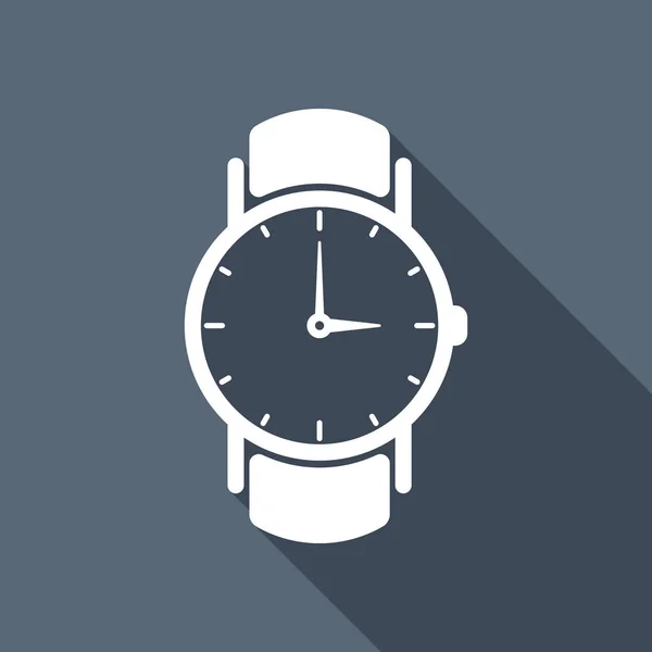 矢印の付いた古典的な手時計アイコン 背景上の長い影のついた白いフラット アイコン — ストックベクタ