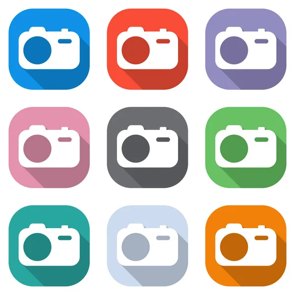 Câmera Fotográfica Simples Ícone Tecnologia Conjunto Ícones Brancos Quadrados Coloridos — Vetor de Stock