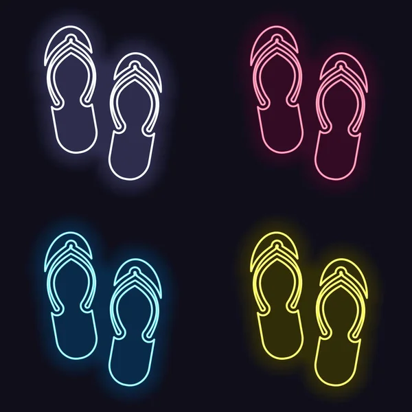 Beach Slippers Flip Flops Icon Set Neon Sign Casino Style — Stock Vector