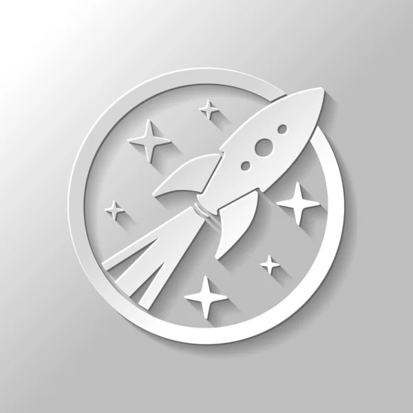 Ракета Запуск Звездами Круге Значок Бумажный Стиль Тенью Сером Фоне — стоковый вектор