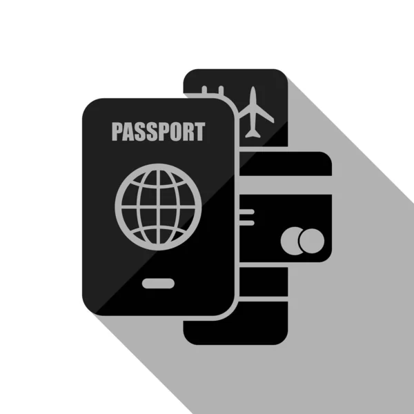 パスポート チケット クレジット カード 空気旅行の概念 白い背景上の長い影と黒い物体 — ストックベクタ