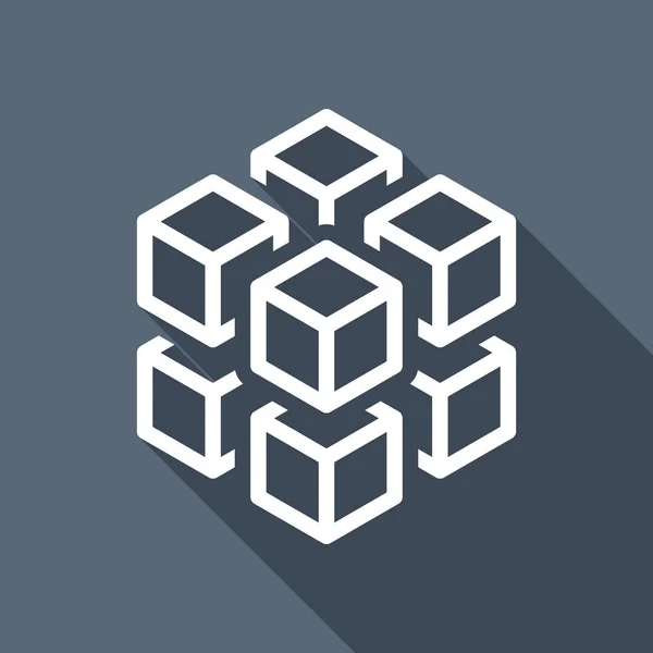 sekiz blok ile 3D küp. Simge rubik veya buz parçaları. Uzun Gölge mavi zemin üzerine beyaz düz simgesi