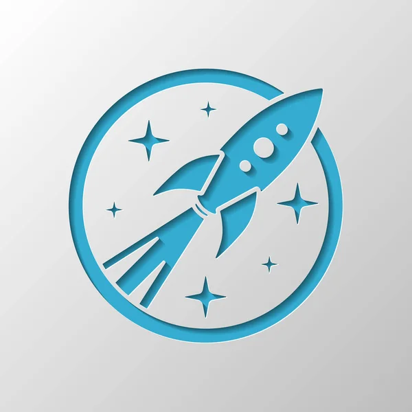 Ракета Запуск Звездами Круге Значок Бумажный Дизайн Вырезанный Символ Тенью — стоковый вектор