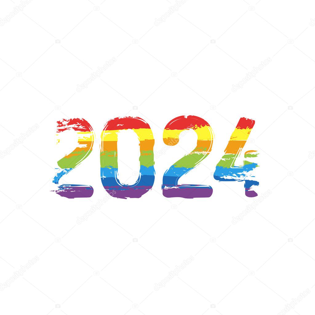 2024 number icon. Happy New Year. Drawing sign with LGBT style, seven colors of rainbow (red, orange, yellow, green, blue, indigo, violet