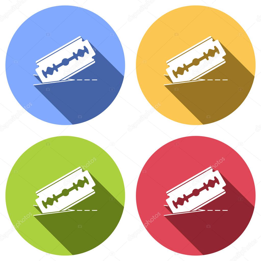 razor blade and cutting line. simple icon. Set of white icons with long shadow on blue, orange, green and red colored circles. Sticker style
