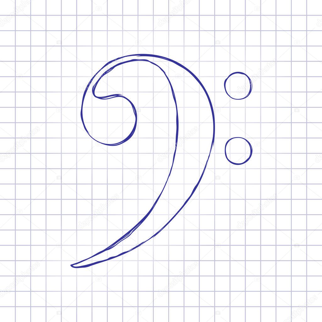 Bass Clef icon. Hand drawn picture on paper sheet. Blue ink, outline sketch style. Doodle on checkered background
