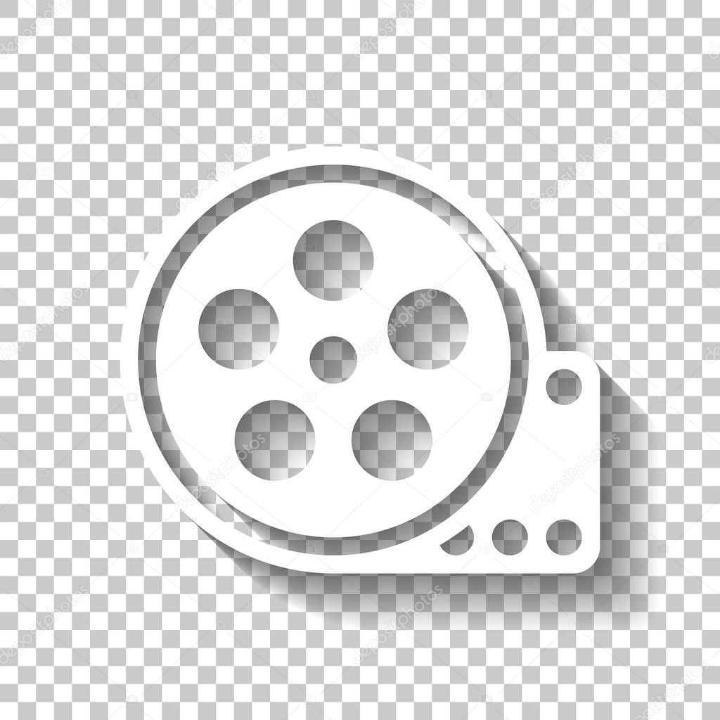 Film roll, old movie strip icon, cinema logo. White icon with shadow on transparent background