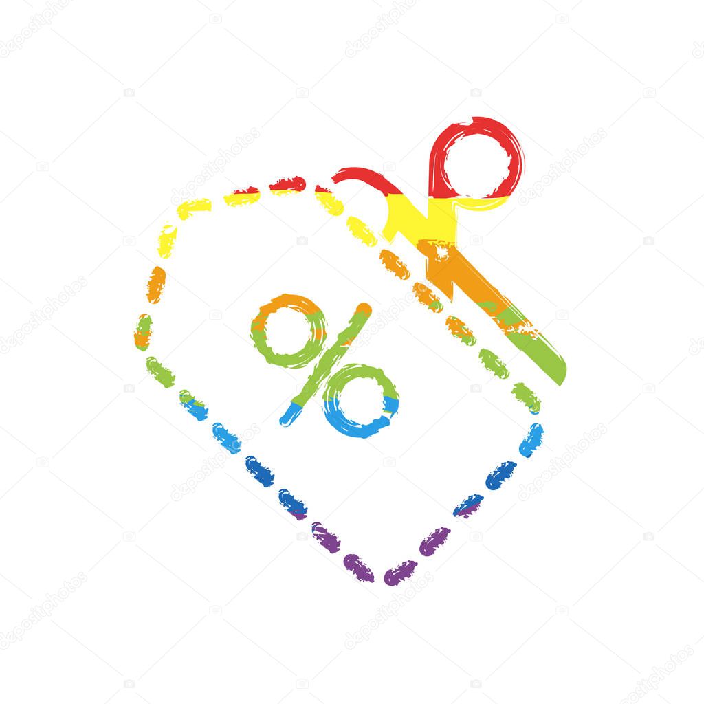 Scissors and Sale label. Simple icon. Drawing sign with LGBT style, seven colors of rainbow (red, orange, yellow, green, blue, indigo, violet