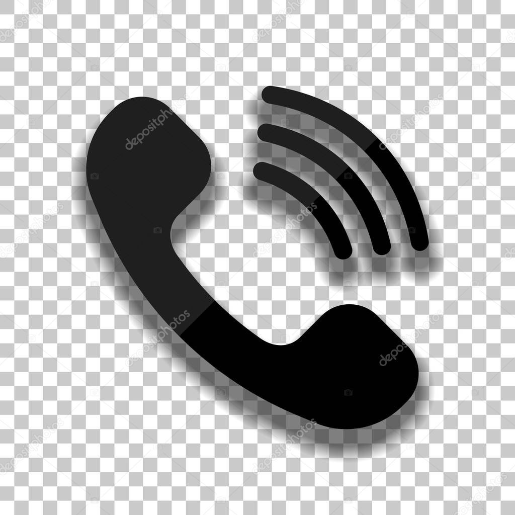 Ringing phone icon. Retro symbol. Black glass icon with soft shadow on transparent background