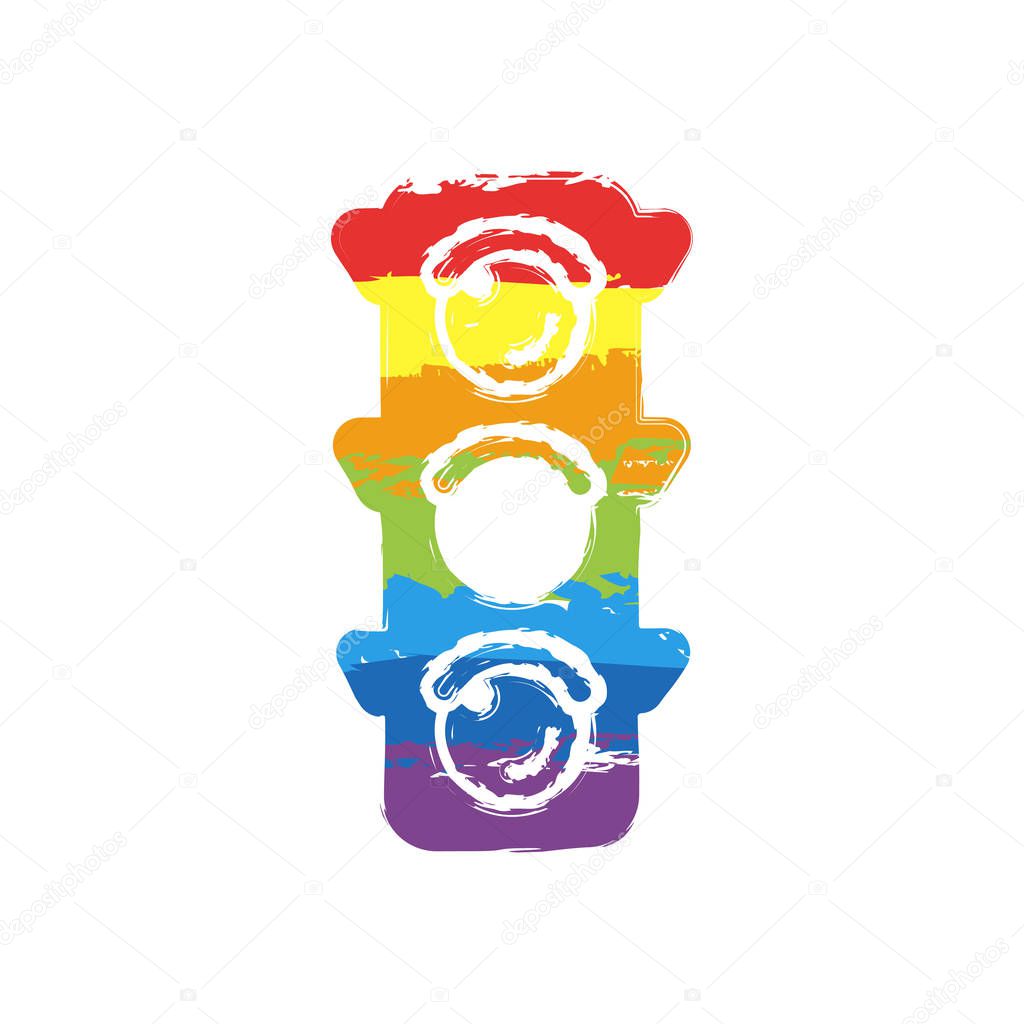 Traffic light icon. Sign of wait, yellow or ready. Drawing sign with LGBT style, seven colors of rainbow (red, orange, yellow, green, blue, indigo, violet