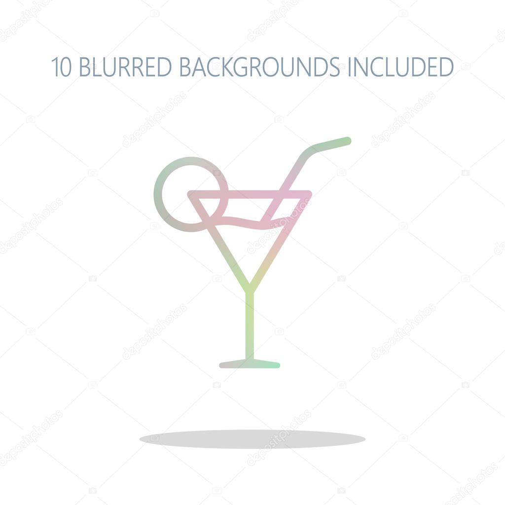 Coctail glass. Simple linear icon with thin outline. Colorful logo concept with simple shadow on white. 10 different blurred backgrounds included