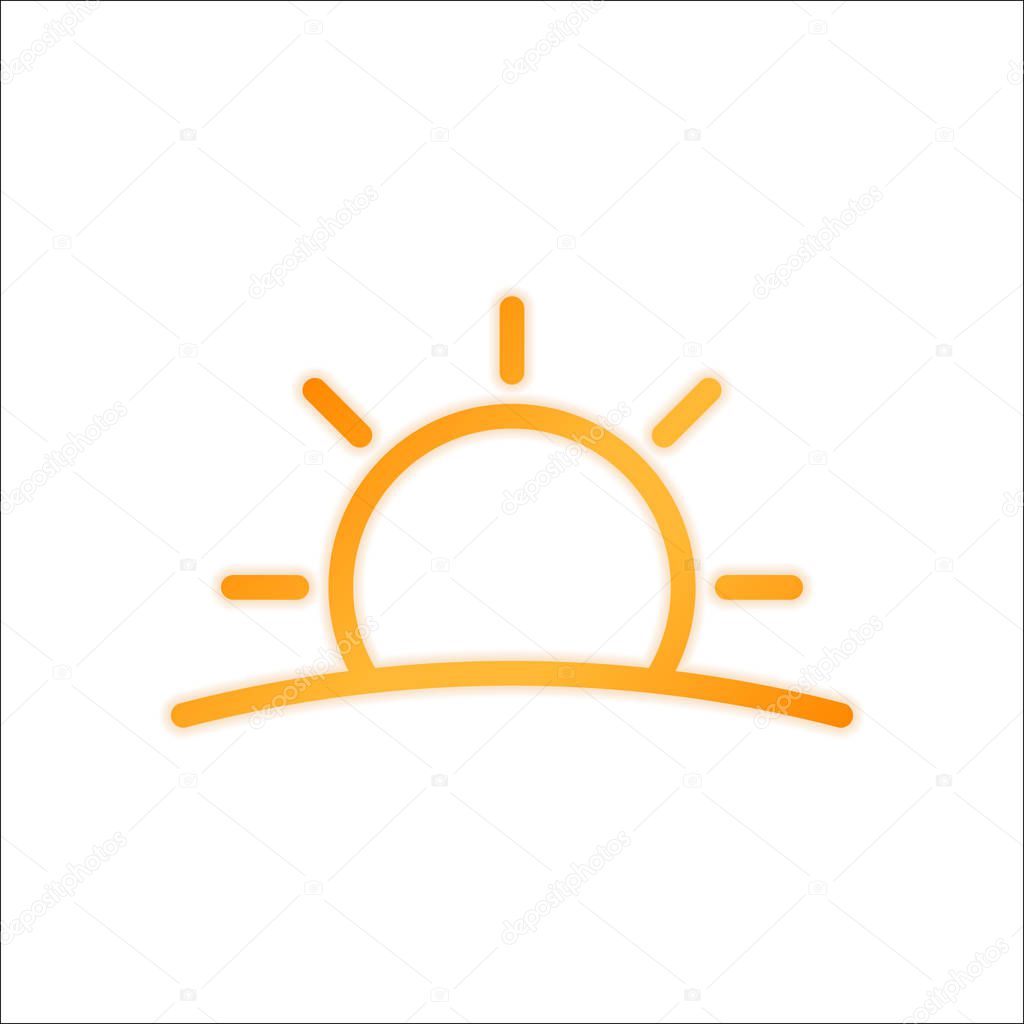 Sunrise icon. Linear, thin outline. Orange sign with low light on white background