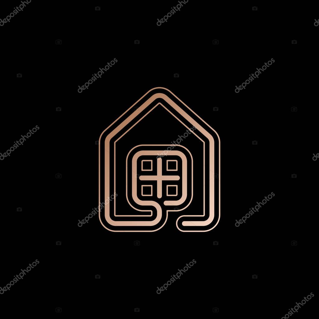 House with window icon. line style. Red gold style on black background