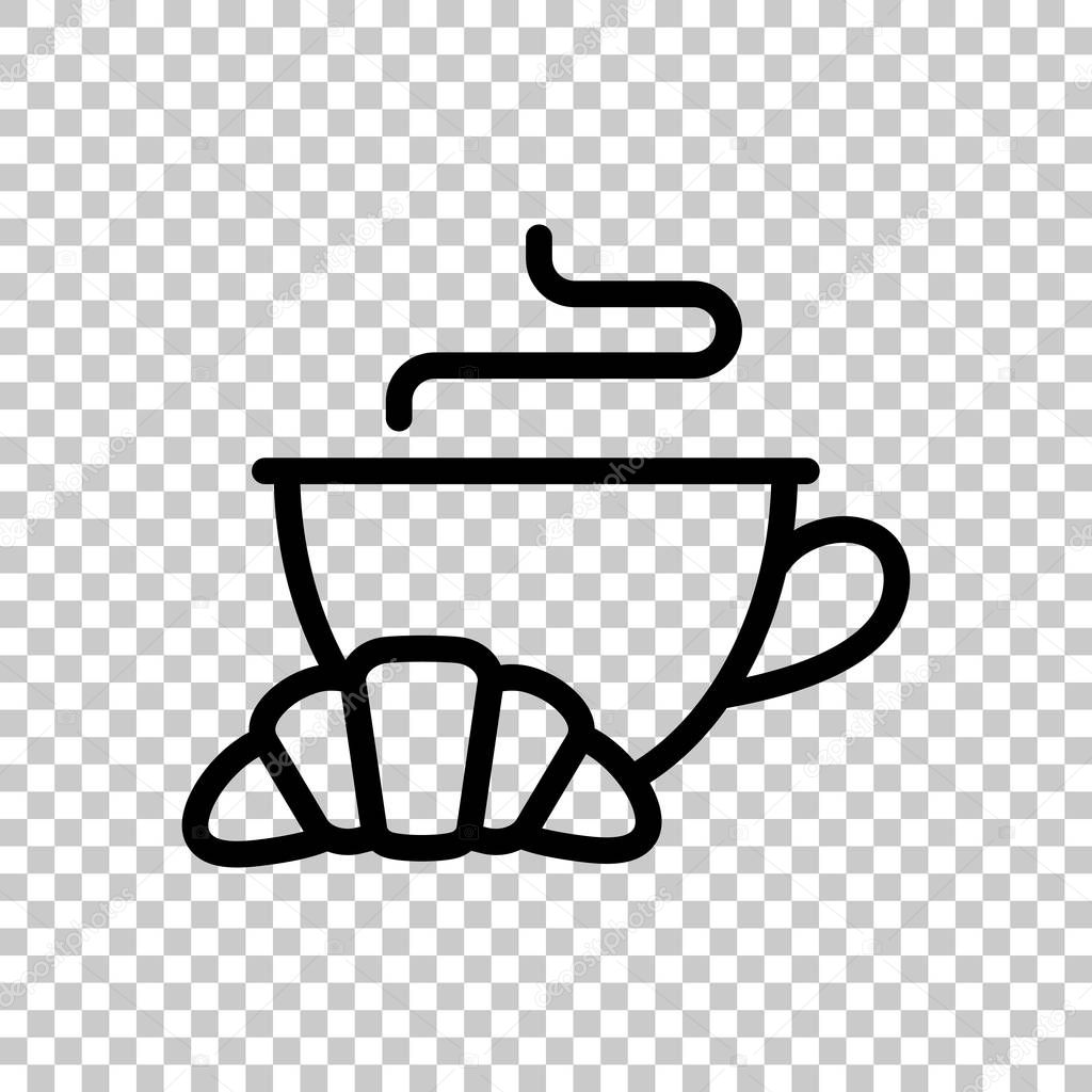 Cup of coffee or tea and croissant. Outline linear icon. Black symbol on transparent background