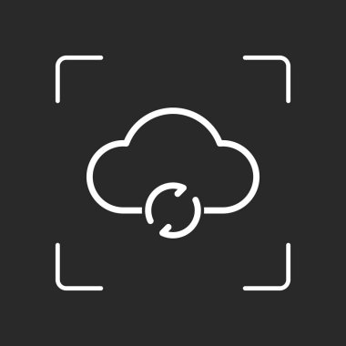 Anahat update basit bulut simgesi. Doğrusal sembolü ile ince anahat. Beyaz nesne kamera otomatik odaklama koyu arka plan üzerinde