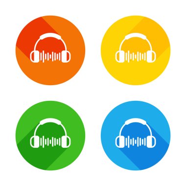 Kulaklık ve müzik dalgası. Max ses seviyesini. Basit simgesi. Renkli daireler arka plan düz beyaz simgesi. Dört farklı uzun gölgeler her köşe