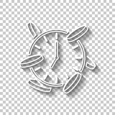 Vakit nakittir. Saat ve paralar. Finans simgesi. Gölge şeffaf arka plan üzerinde beyaz anahat işaretiyle
