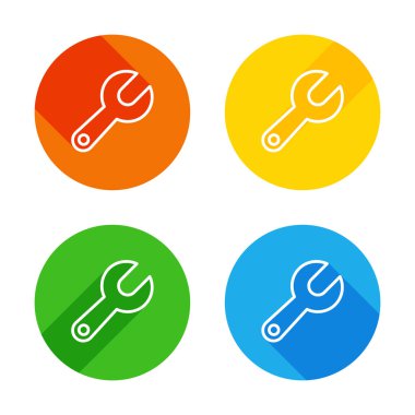 Basit anahtar. Doğrusal, ince anahat. Renkli daireler arka plan düz beyaz simgesi. Dört farklı uzun gölgeler her köşe