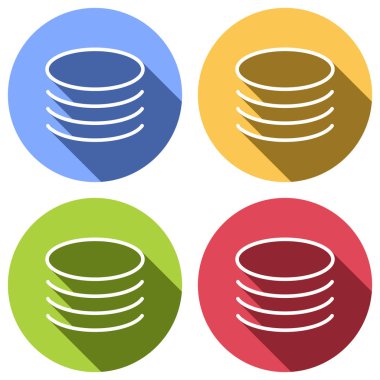 Veritabanı simgesi. Basit doğrusal sembol, ince anahat. Mavi, turuncu, yeşil ve kırmızı renkli daireler uzun gölge ile beyaz simgeler kümesi. Etiket tarzı