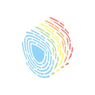 Parmak izi içinde kalkan. Logo özel kimliği korumak. Güvenlik simgesi. Beyaz arka plan üzerinde renkli izometrik simgeler yığını