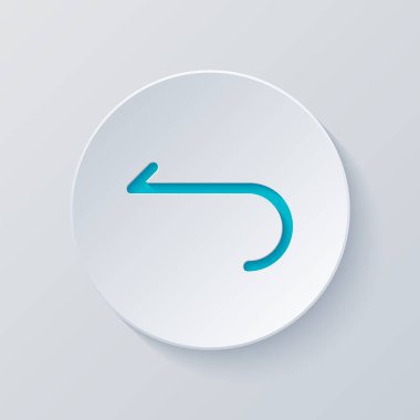 Basit ok, geriye doğru. Gezinti simgesi. Doğrusal sembolü ile ince bir çizgi. Bir çizgi stili. Gri ve mavi katmanları ile daire kes. Kağıt tarzı