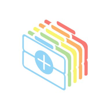 ilk yardım çantası, anahat simgesi. Beyaz arka plan üzerinde renkli izometrik simgeler yığını