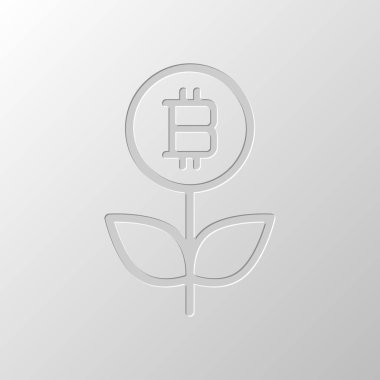 Para çiçek ile bitcoin. Para ağacını. İnce anahat ile doğrusal simgesi. Kağıt tasarımı. Düzenlenen sembolü. Çekirdeksiz stili
