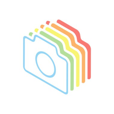 Fotoğraf makinesi, ince anahat, basit simgesi ile doğrusal sembolü. Beyaz arka plan üzerinde renkli izometrik simgeler yığını