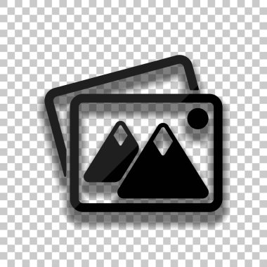 Birkaç dağlar ve güneş ile fotoğraf yığını. Basit simgesi. Saydam arka plan üzerinde yumuşak gölgeli siyah cam kutsal kişilerin resmi