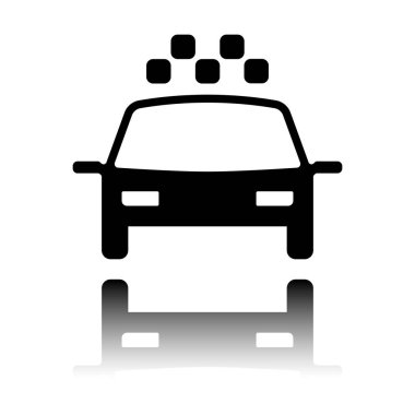 Taksi ya da araba. Basit simgesi. Siyah beyaz arka plan ayna yansıması simgesiyle